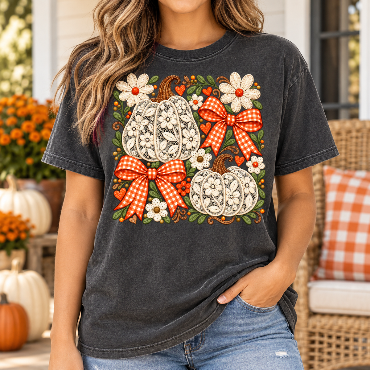 Fall Pumpkin PNG | Lace Pumpkin and Orange Gingham Bow Digital Download