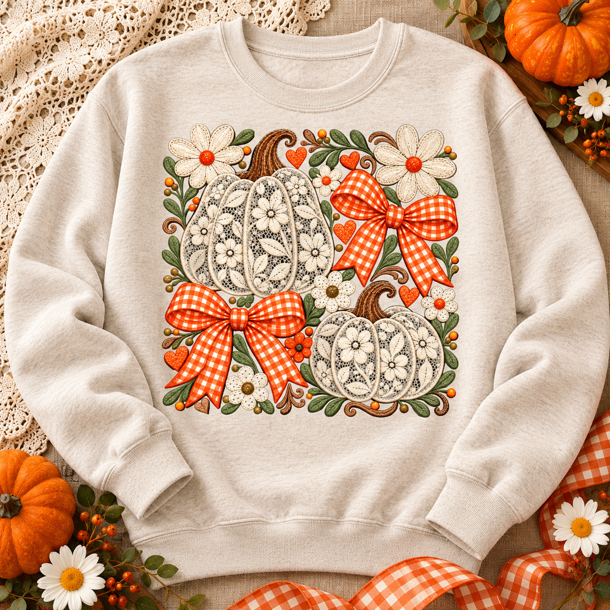 Fall Pumpkin PNG | Lace Pumpkin and Orange Gingham Bow Digital Download