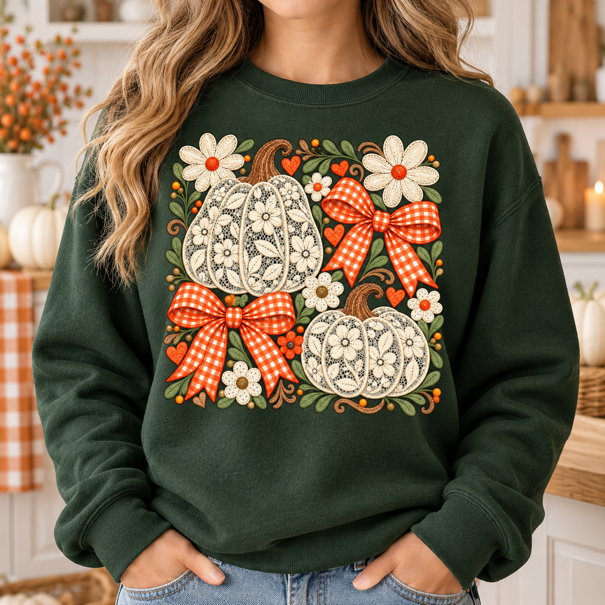 Fall Pumpkin PNG | Lace Pumpkin and Orange Gingham Bow Digital Download